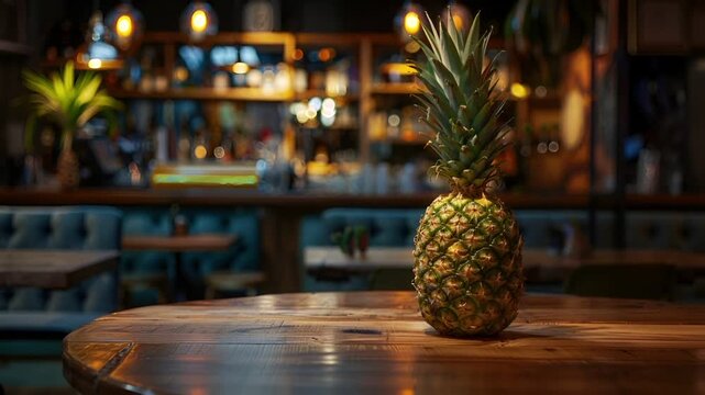 A closeup shot of a pineapple on a wooden table, with a blurred background of a bar setting. The pineapple is the main subject.