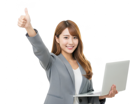 Young business woman smiling with laptop and thumbs up isolated on transparent background - Powered by Adobe