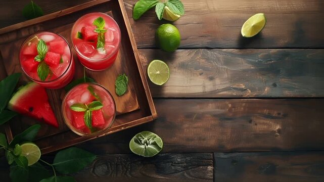 A topdown view of a rustic wooden tray holding watermelon slices and mint leaves. The tray is placed on a dark wooden surface, and the background is a wooden table with visible grain patterns.