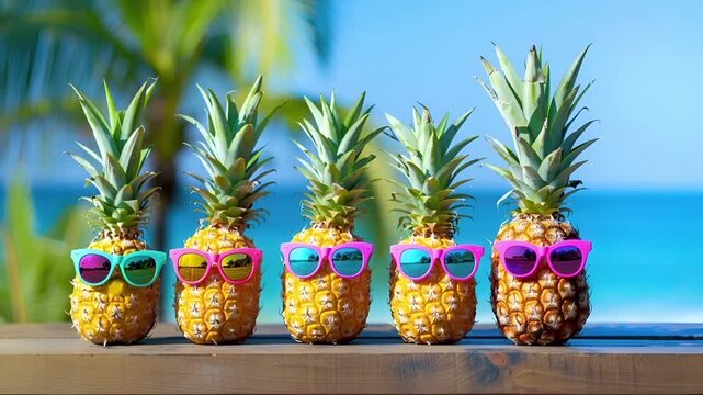 pineapples with colorful sunglasses on a wooden surface against a backdrop of a clear blue sky and a serene ocean. The pineapple stands out with its vibrant yellow and green hues.