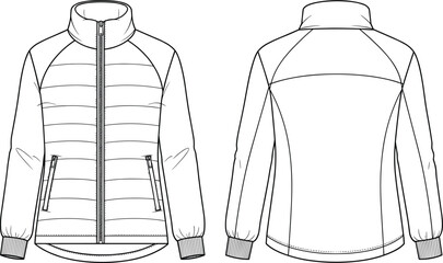 Padded Stand-Collar Bomber Jacket CAD Drawing Fashion Flat Vector Illustration Template Front and Back Views for Technical Design Specification and Apparel Mockup