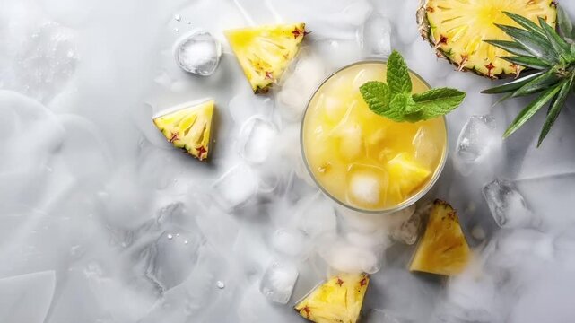 Aerial view of pineapple juice in a glass with ice cubes and mint garnishpineapple slice and mint leaves on white ice surface with water droplets and bubblespineapple slices and mint leaf closeuppin.