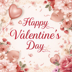 Romantic greeting card design with pink roses and floral decoration for love and celebrations