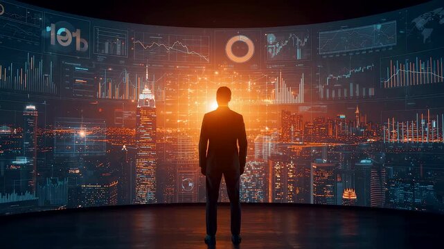 Silhouetted man standing before massive digital analytics wall with glowing charts and data streams showing strategic insight and advanced technology