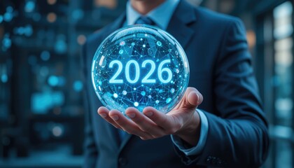 A businessman is holding a crystal ball with the year 2026 on it, signifying technological advancements and future projections.  A sense of inventiveness and vision is conveyed by the image.