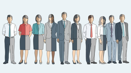 Fototapeta premium Business multinational team. Vector illustration of diverse cartoon men and women of various races, ages Diverse group of business people standing in a row on light blue background professional staff 