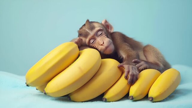 A closeup of a monkey resting on a cluster of yellow bananas. The monkeys eyes are closed, and it appears to be in a state of relaxation or sleep. The bananas are vibrant yellow.