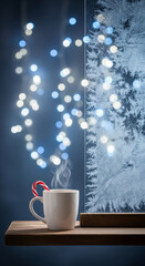 Image of a white cup with candy cane on a wooden shelf with blurred lights and frost pattern background, symbolizing winter holidays and coziness