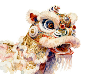 Cultural Lion Dance Portrait: A vibrant and detailed watercolor illustration captures the spirit of a traditional lion dance, featuring intricate patterns and a dynamic pose. © bao
