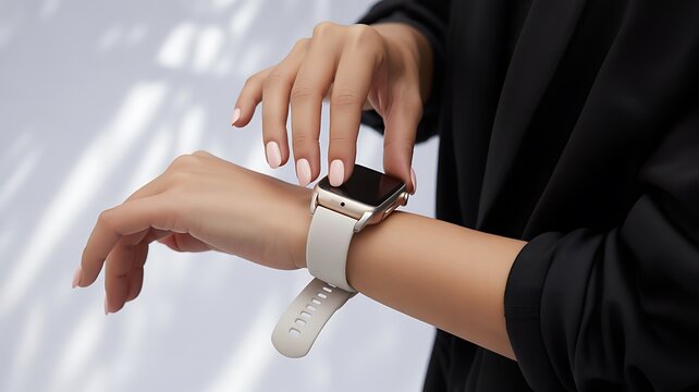 Woman adjusting smartwatch on wrist in minimal indoor setting
 - Powered by Adobe