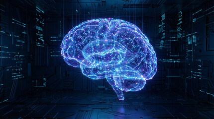 Digital Brain in Technology Background with Neon Lights