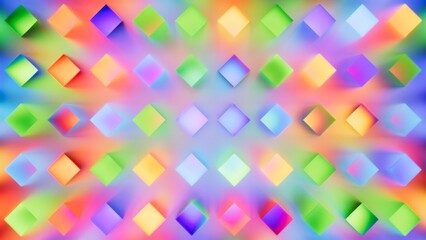 Diamond-shaped neon tiles in rainbow gradients form a soft mosaic. Bright abstract pattern on light. 3d illustration