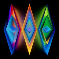 Abstract geometric background. Prism like neon diamonds in rainbow gradients over dark background. 3D render effect.