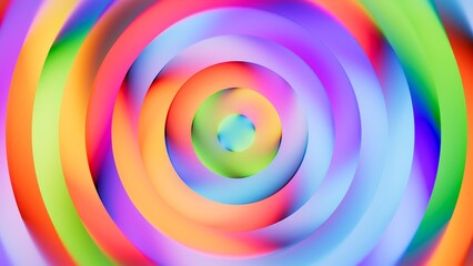 Abstract multicolored background. Concentric neon circles in rainbow tones ripple outward. Vivid radial gradient with playful energy.