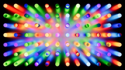 Symmetrical neon rods in rainbow hues glow from the center on dark. Futuristic, high-energy abstract background with reflections. 3D render illustration.