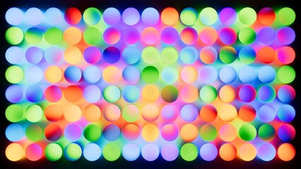 abstract geometric background. Dense field of neon dots in bright rainbow tones. Vibrant bokeh pattern. 3d illustration