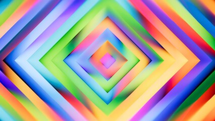 Abstract multicolored background. Holographic stripes wrap around a central diamond shape. Bright neon geometric pattern with 3D feel