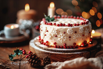 Festive winter holiday cake decorated with snowflakes and berries on a rustic wooden table