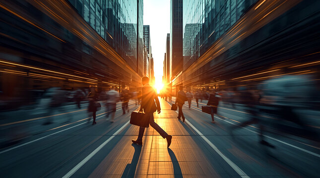 Businessman commuter moves with speed professional motion through city street. Silhouette captured against bright dramatic sunset, conveying