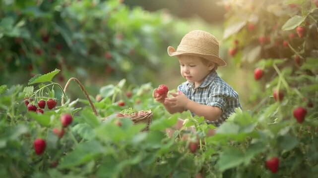 A young child in a straw hat is picking strawberries in a field. The child is wearing a checkered shirt and is seated on the ground. The strawberries are in a basket.