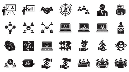 Set of black and white vector illustrations featuring business management, teamwork, collaboration, and meeting icons, including people, networking, handshake, and planning symbols