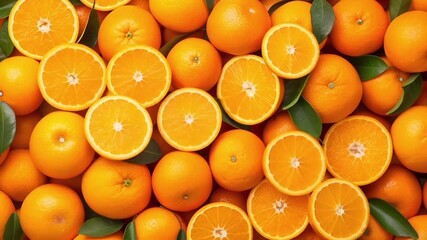 A closeup view of a vibrant orange background, showcasing its bright orange slices and green leaves. The oranges are densely packed together, creating a vibrant and colorful display.