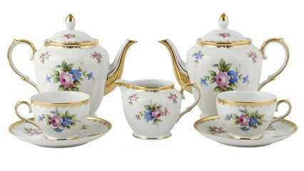 Elegant floral tea set with teapot, creamer, and cups