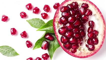 A closeup view of a halved pomegranate with its seeds and pulp, revealing its vibrant red interior. The seeds are densely packed and glossy, reflecting light subtly.