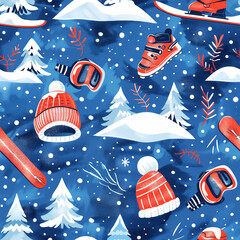 Seamless winter pattern featuring Christmas elements like snow, trees, and winter sports gear