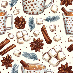 Seamless winter pattern featuring cozy mugs, marshmallows, pine branches, and festive spices