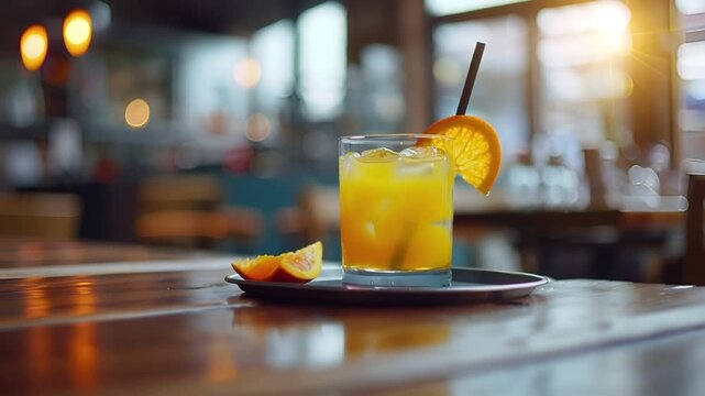 A closeup shot of a glass of orange juice with a slice of orange on the rim, set against a blurred background of a bar setting. The glass is filled with a yellowish liquid.