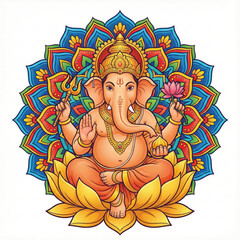 Ganesha seated on a lotus flower with a colorful mandala background holding a lotus flower and a trident
