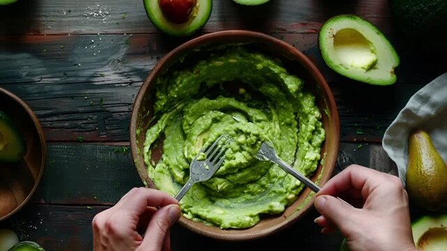 A topdown view of a rustic wooden table with a bowl of freshly made guacamole and halved avocados. The bowl is brown, and the avocado is a vibrant green. The avocado is cut in half.