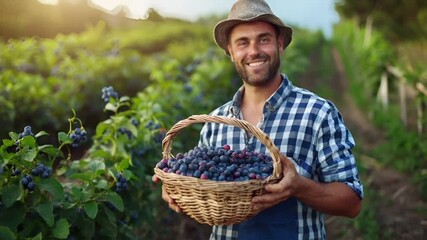 A man in a checkered shirt and straw hat holds a basket of grapes in a vineyard during what appears to be the golden hour.