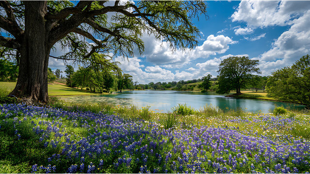 Serene lake surrounded by lush green hills and blooming bluebonnets Texas landscape isolated on a transparent background