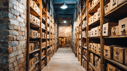 Fototapeta premium Old archive basement storing historical document boxes
