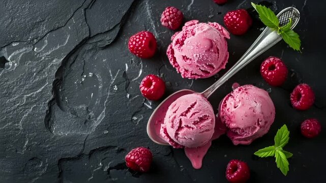 A topdown view of a dark, textured surface with raspberries and mint leaves. The main subject is a scoop of pink ice cream, with a few rasp berries scattered around it.