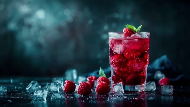 A highresolution, vibrant red cocktail with raspberries and mint garnish in a tall glass with ice cubes. The drink is garnished with a single raspberry and a sprig of mint.