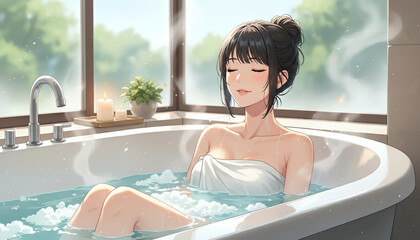 湯船でリラックスしている若い女性