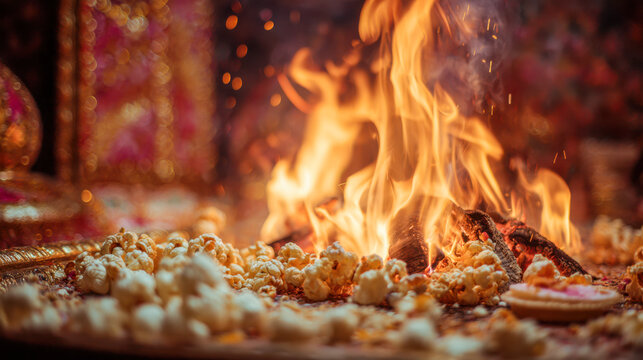 Hinduism Homa ritual with popcorn and offerings to fire