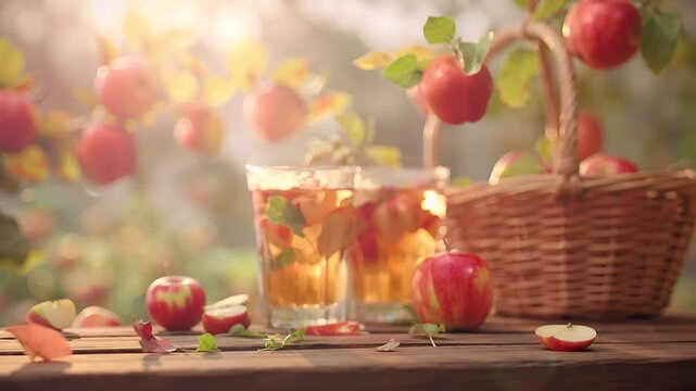 A vivid, sunlit scene featuring a glass of iced tea with a slice of apple on the rim. The glass is filled to the brim with a golden liquid.