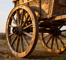 Obraz premium Close-up view of an old wooden wagon wheel with intricate design