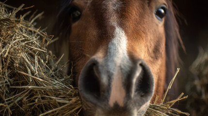 Fototapeta premium Brown horse eating hay in stable close-up