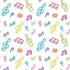 Seamless pattern with various musical notes and treble clef drawings in colorful doodle style. Hand drawn sketch pattern with playful childlike lines. Vector repeating pattern with music icons.