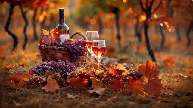 A vivid autumnal scene featuring a basket filled with grapes and wine, set against a backdrop of a vineyard. The foreground is adorned with a carpet of fallen autumn leaves.