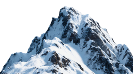 A steep mountain peak with heavy snow isolated on white background, a rocky alpine summit in winter, a cold nature landscape cutout, a massive geological formation.