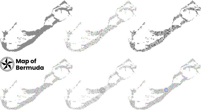 Geometry dot pattern Bermuda country map. Bermuda vector map with geometry dotted pattern art shape in multicolor and style showcasing lands, estate, Islands, Coastline Geography