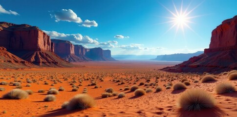 Crimson mesas pierce vibrant blue, sun-drenched desert panorama, color, panorama, red