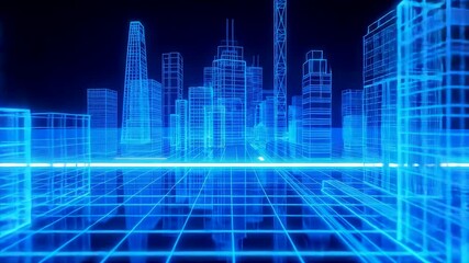 Glowing wireframe city skyline with grid streets and blue light depth showing digital urban planning architecture and advanced technology environment - Powered by Adobe