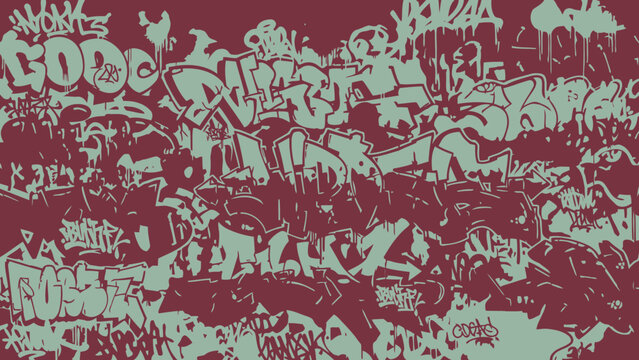 Graffiti Street Art Background with Overlapping Tags, Abstract Maroon and Teal Pattern